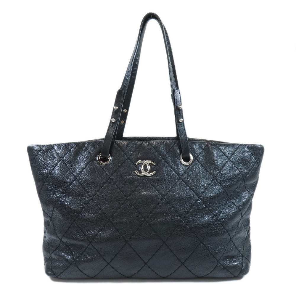 Chanel Coco Mark Silver Metal Fittings Tote Bag Calf Black